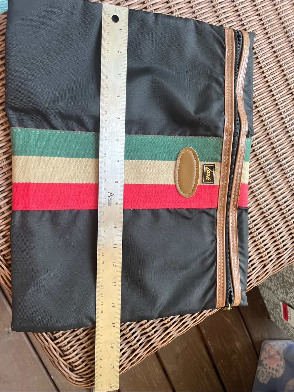 Black Cosmetic Pouch with Green, Tan and Red Stripe